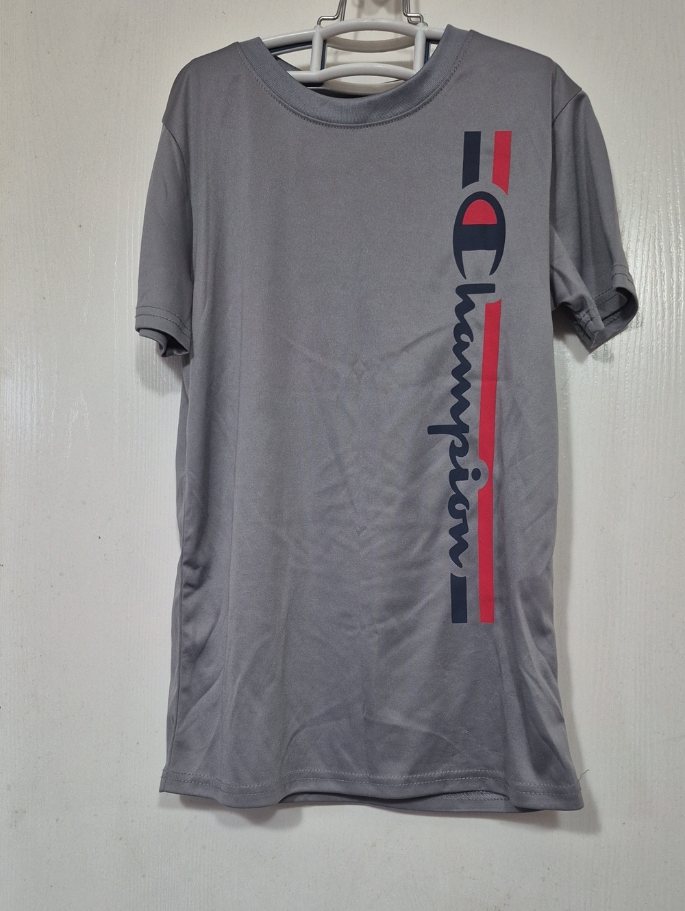 Champion Gray Short Sleeve Tee with Navy & Red Vertical Logo